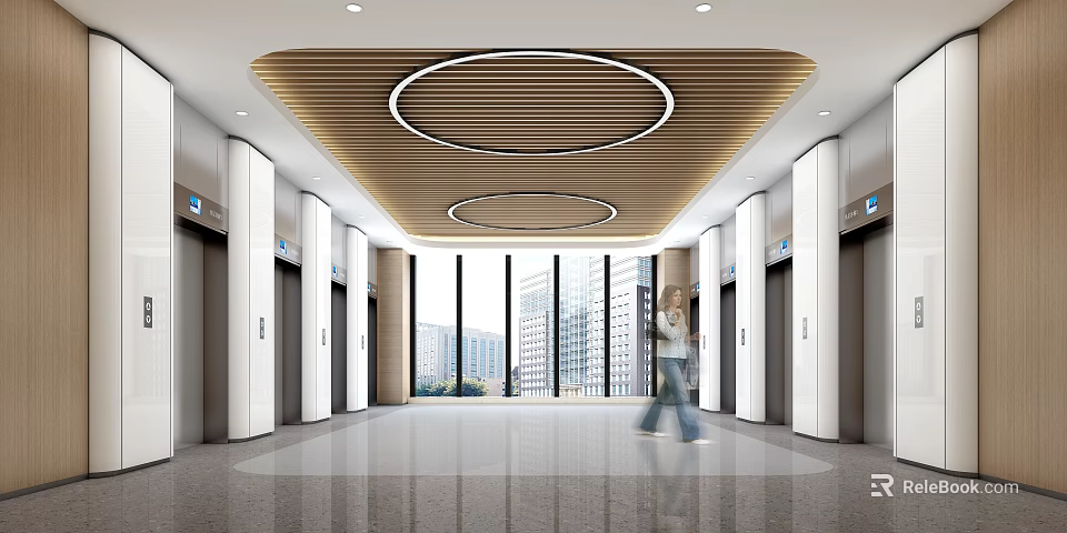 Modern Elevator Hallway With Circular Ceiling Panels Large Windows City View And Marble Floor 3d model 
