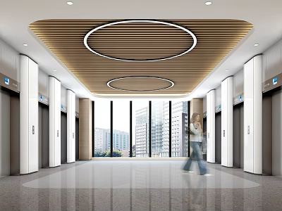 Modern Elevator Hallway With Circular Ceiling Panels Large Windows City View And Marble Floor 3d model