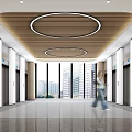 Modern Elevator Hallway With Circular Ceiling Panels Large Windows City View And Marble Floor