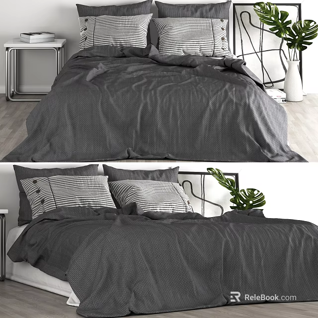 Modern Grey Double Bed With Linen Bedding Striped Pillows And Potted Plant 3d model 
