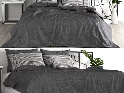 Modern Grey Double Bed With Linen Bedding Striped Pillows And Potted Plant 3d model