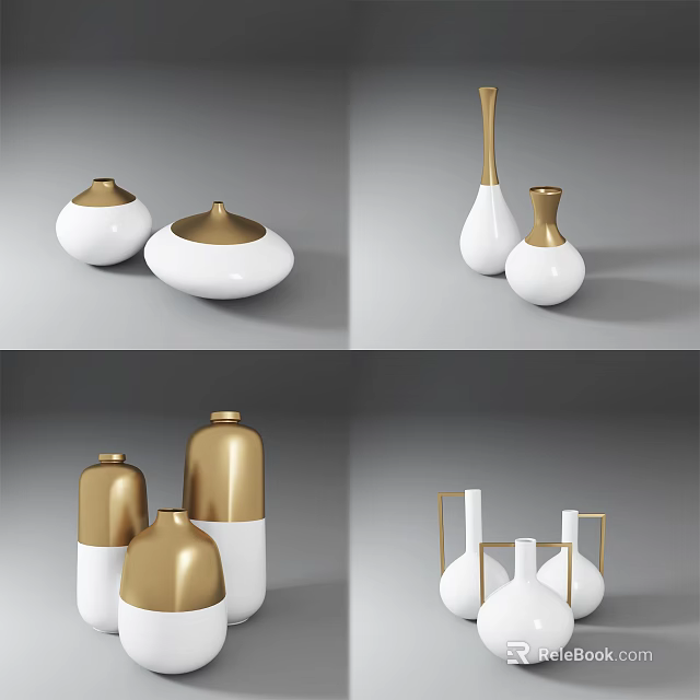 Modern White and Gold Vases with Contemporary Design and Various Shapes for Interior Decor 3d model 
