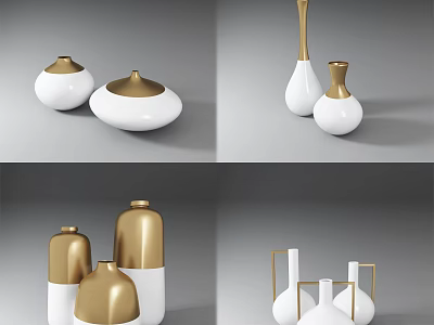 Modern White and Gold Vases with Contemporary Design and Various Shapes for Interior Decor 3d model