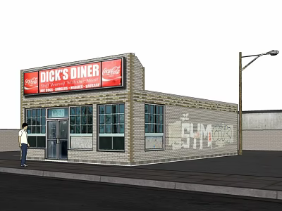 Dick's Diner Exterior Featuring Coca-Cola Signs Brick Wall Person At Entrance And Street Lamp 3d model