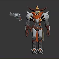 Mechanical Character With Red Hat Silver Armor Holding Gun In Standing Pose