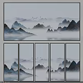 Ink Wash Style Landscape Painting With Misty Mountains Flying Birds And Soft Clouds