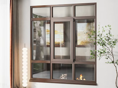 Elegant Casement Window With Bronze Frame Clear Glass In Modern Living Room And Fireplace 3d model