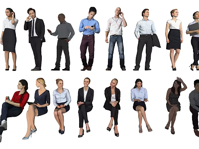Group of Diverse People Standing and Sitting in Various Business Attire Poses 3d model