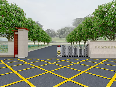 Spacious Main Entrance Gate With Lined Green Trees And Yellow Cross Lines On Road 3d model