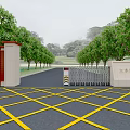 Spacious Main Entrance Gate With Lined Green Trees And Yellow Cross Lines On Road