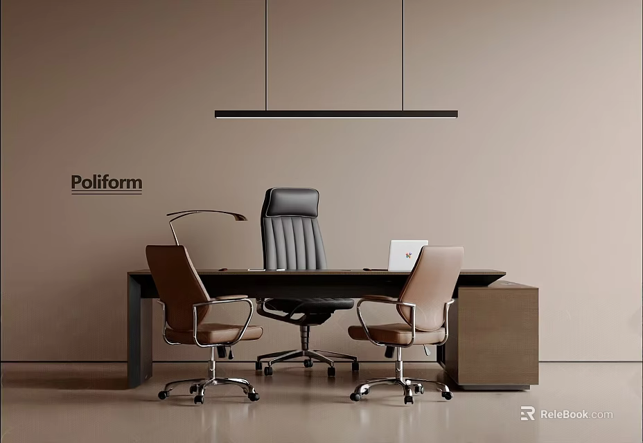 Poliform Modern Office Desk With Leather Chair Laptop And Hanging Lamp 3d model 