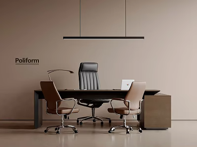 Poliform Modern Office Desk With Leather Chair Laptop And Hanging Lamp 3d model