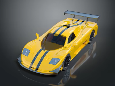 Yellow Racing Car With Black Stripes Rear Spoiler And Streamlined Design 3d model
