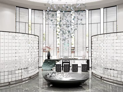 Modern Circular Tea Room Interior With Glass Partitions Chandelier And Marble Floor 3d model
