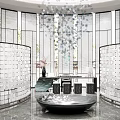 Modern Circular Tea Room Interior With Glass Partitions Chandelier And Marble Floor