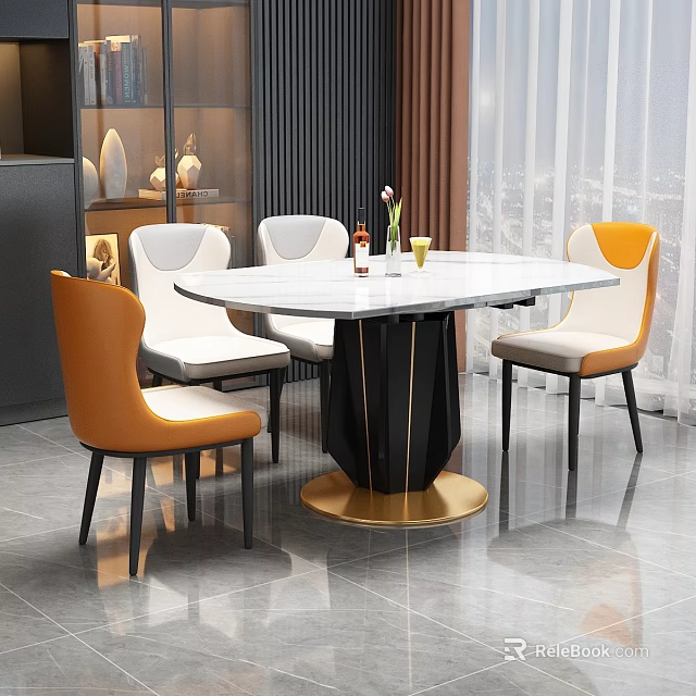 Modern Round Dining Table with Marble Top Black Gold Pedestal and Orange White Chairs 3d model 
