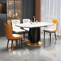 Modern Round Dining Table with Marble Top Black Gold Pedestal and Orange White Chairs