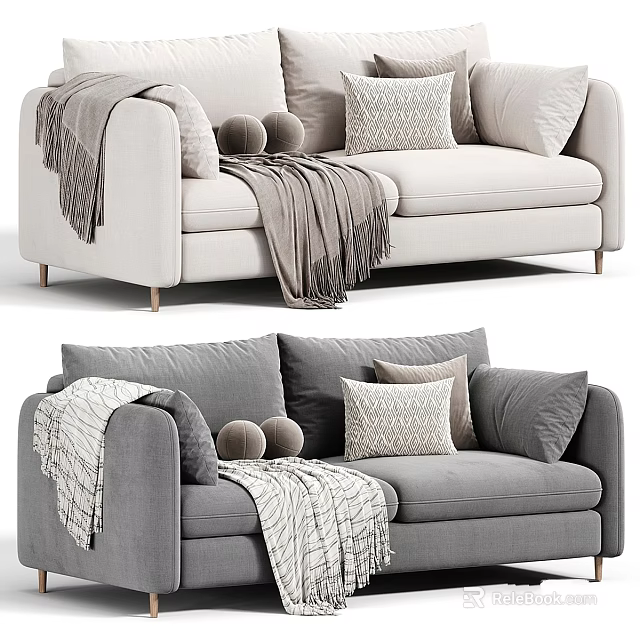 Beige And Gray Upholstered Sofa Interior With Pillows Blanket And Pom Poms 3d model 