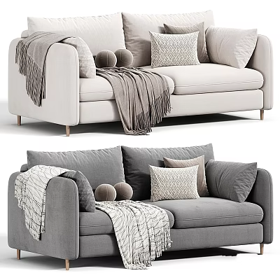 Beige And Gray Upholstered Sofa Interior With Pillows Blanket And Pom Poms 3d model