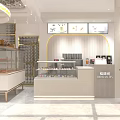 White Interior Dessert Shop With Decorative Paintings Green Plant And Display Counter