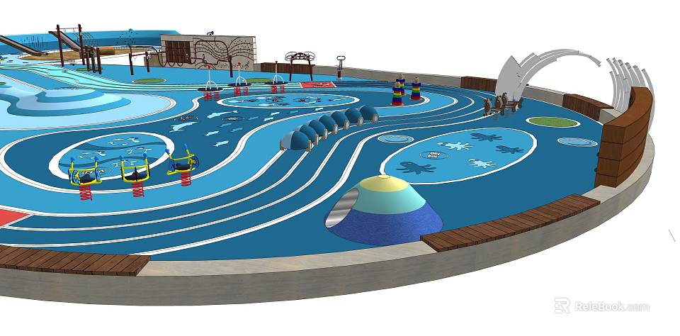 Fun Kids Playground Area With Blue Wavy Floor Sandpit And Colorful Equipment 3d model 