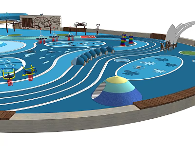 Fun Kids Playground Area With Blue Wavy Floor Sandpit And Colorful Equipment 3d model