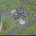 Modern School Buildings Complex With Sports Field Track Central Pond And Green Lawns