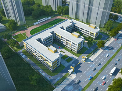 Modern School Building Complex With Courtyard Layout Sports Field And Green Surroundings 3d model