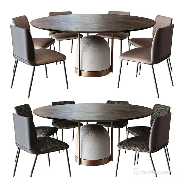 Modern Round Dining Table Set With Gray Chairs Metal Legs And White Gold Base 3d model 