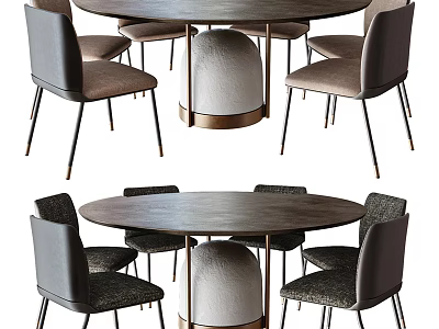 Modern Round Dining Table Set With Gray Chairs Metal Legs And White Gold Base 3d model