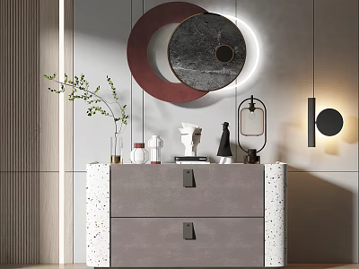 Modern Elegant Entryway Console Table With Round Mirror Vase Sculpture And Lighting Decor 3d model