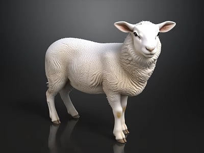 White Sheep With Shiny Wool Standing On Reflective Floor Against Dark Background 3d model