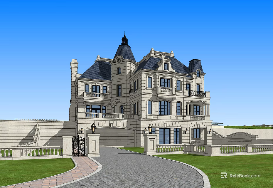European Style Detached Villa Exterior With Stone Facade Dark Roof And Lawn Driveway 3d model 