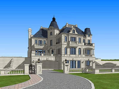 European Style Detached Villa Exterior With Stone Facade Dark Roof And Lawn Driveway 3d model
