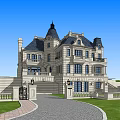 European Style Detached Villa Exterior With Stone Facade Dark Roof And Lawn Driveway