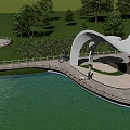 Waterfront Landscape With Large White Curved Sculpture Wooden Boardwalk Railing Grass Area People Cycling Walking