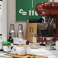Red Coffee Machine Kitchen Appliance With Green Plant Coffee Poster And Supplies On Countertop