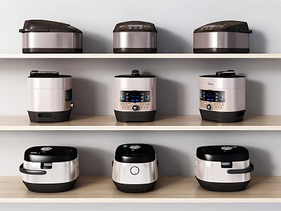 Various Styles of Kitchen Appliances Rice Cookers Displayed on Shelves 3d model