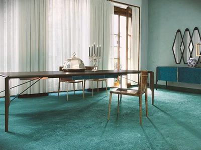 Modern Dining Table Set With Chairs Silver Cloche Candlesticks White Curtains And Teal Carpet 3d model