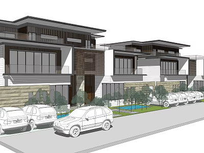 Modern Twin Villa Exterior With Contemporary Architecture Garden And Parking 3d model