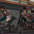 Game Film Characters In Traditional Eastern Costumes With Wide Brimmed Hats And Running Stance
