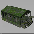 Moss Covered Stone Pavilion Structure With Columns Sloped Roof And Platform