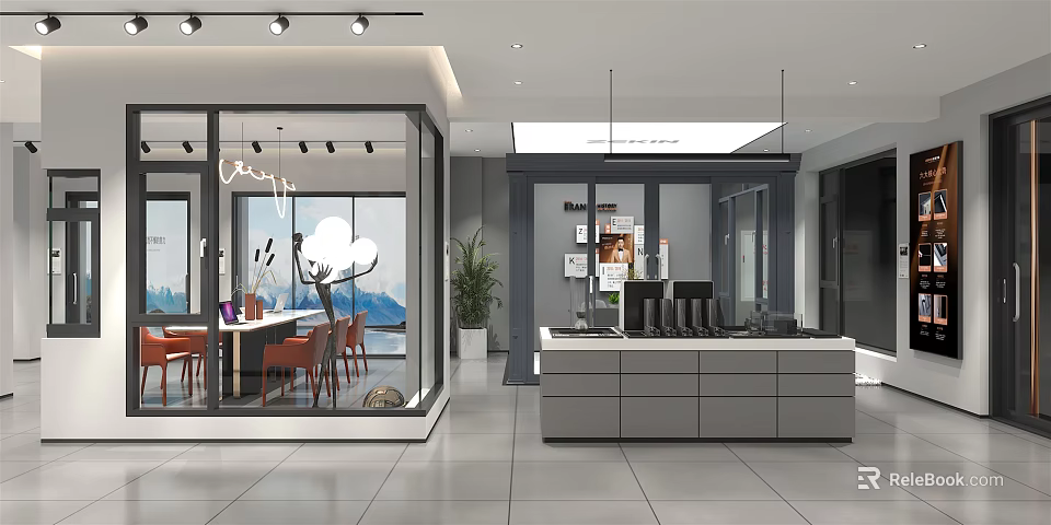 Modern Specialty Store Interior With Glass Windows Display Counter And Pendant Lights 3d model 