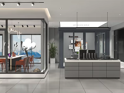 Modern Specialty Store Interior With Glass Windows Display Counter And Pendant Lights 3d model