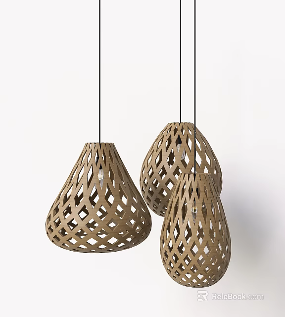 Three Modern Wooden Wicker Design Pendant Lights Hanging With Geometric Ceiling Pattern 3d model