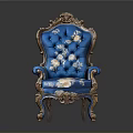 Ornate Blue Chair With Golden Carvings And Floral Upholstery Classic Design For Elegant Interiors
