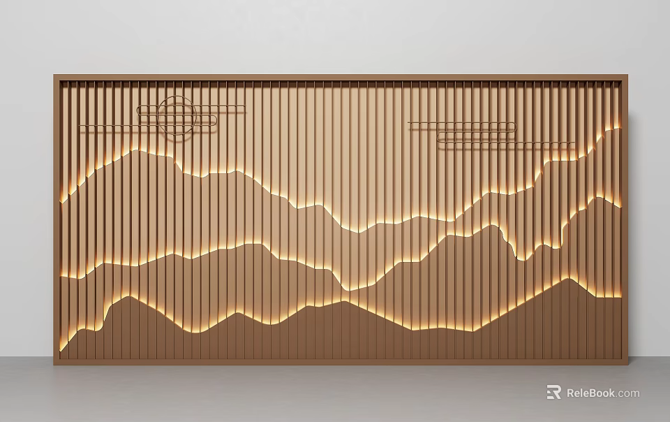Illuminated Wooden Background Wall With Vertical Slats And Mountain Pattern Design 3d model 