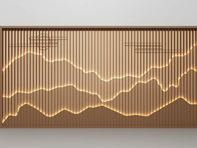 Illuminated Wooden Background Wall With Vertical Slats And Mountain Pattern Design 3d model
