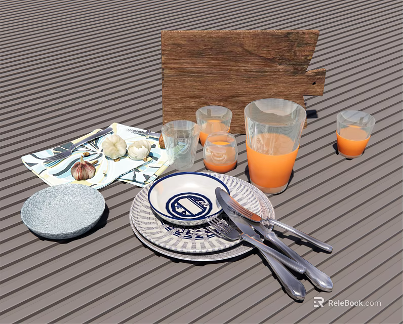 Stylish Dinnerware Set with Plates Cutlery Glasses and Orange Juice on Wooden Board 3d model 