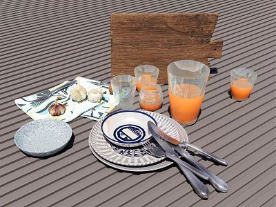 Stylish Dinnerware Set with Plates Cutlery Glasses and Orange Juice on Wooden Board 3d model